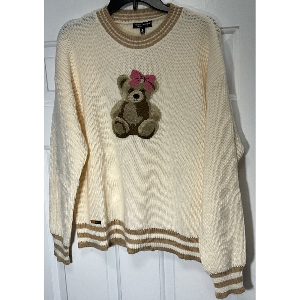 Simply Southern Cream Embroidered Bear Pink Bow Sweater Women's Large